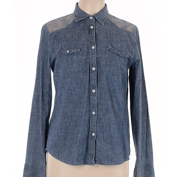 American Eagle Chambray Button Down Shirt with Lace Detail - Picture 1 of 10